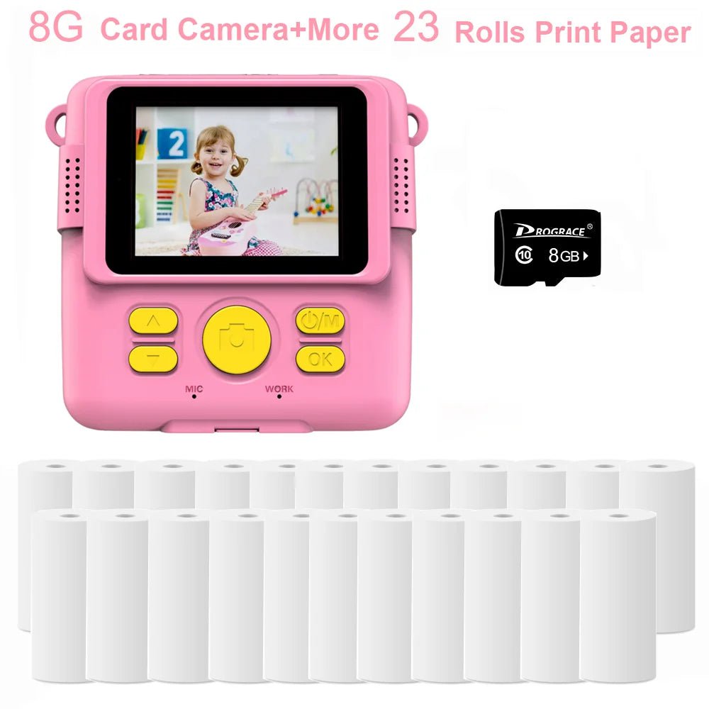 New Children Digital Camera - Instant Print for Kids, Thermal Print, Instant Photo Printing Camera, Video, Kids Toys for Girls 8G Pink 23 Paper