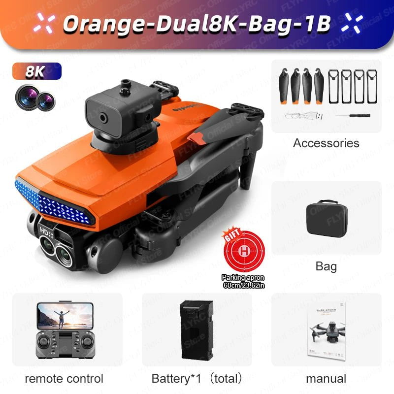 New D6 Mini 8K HD Camera Drone - Obstacle Avoidance - Foldable Quadcopter D6-Orange-8K-Bag