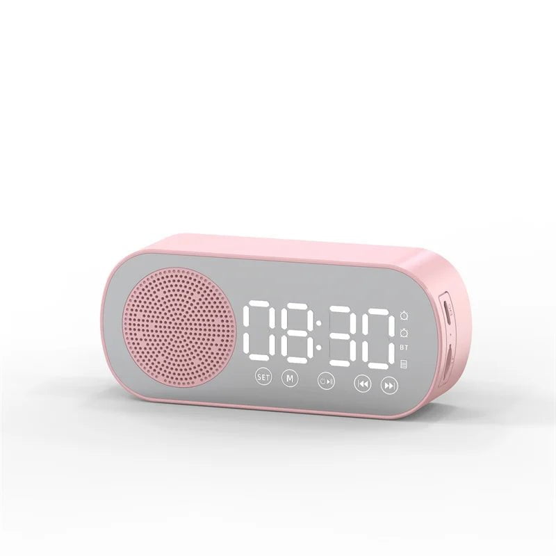 New Desk Speaker Clock: Bluetooth Speaker with FM Radio, Alarm Clock, HiFi Sound, HD Mirror Screen, TF Card Support Pink