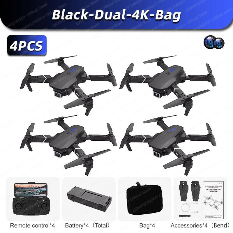 New E88Pro 4K Dual Camera RC Drone - Foldable RC Helicopter - WIFI FPV - Height Hold - Apron Included B-Dual-4K-Bag-4Pcs
