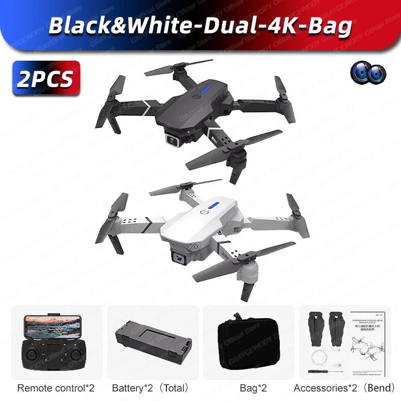 New E88Pro 4K Dual Camera RC Drone - Foldable RC Helicopter - WIFI FPV - Height Hold - Apron Included B-W-D-4K-Bag-2Pcs