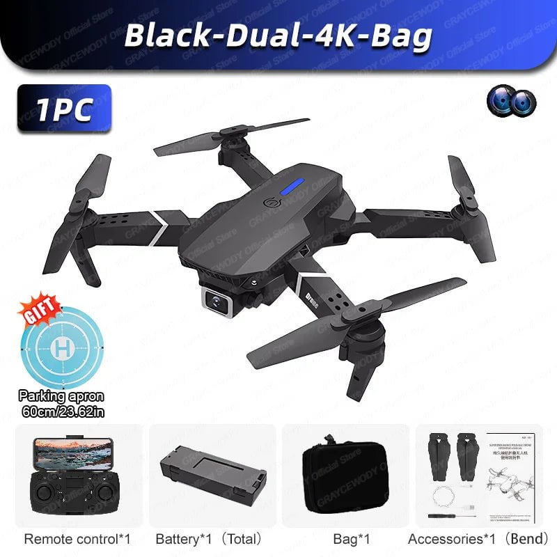 New E88Pro 4K Dual Camera RC Drone - Foldable RC Helicopter - WIFI FPV - Height Hold - Apron Included Black-Dual-4K-Bag