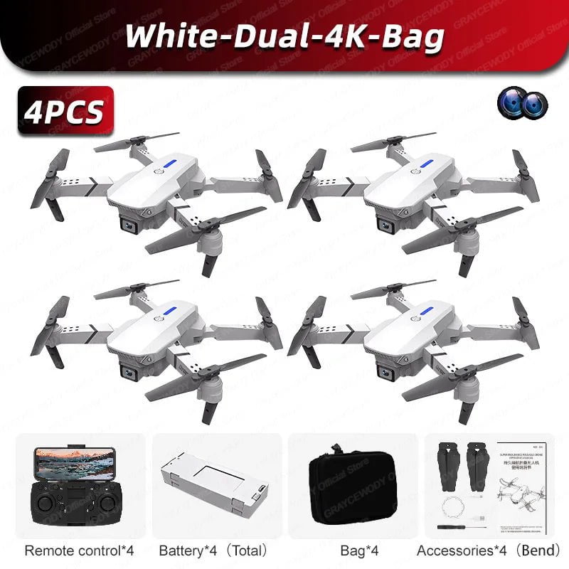 New E88Pro 4K Dual Camera RC Drone - Foldable RC Helicopter - WIFI FPV - Height Hold - Apron Included W-Dual-4K-Bag-4Pcs