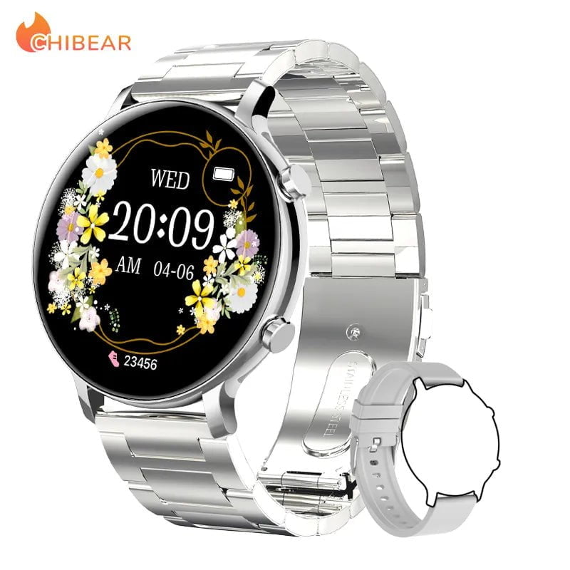 New ECG+PPG Women Smartwatch: Custom Dial, Fashion Bracelet, Sport Fitness Tracker, Bluetooth Call - For Android & iOS Silver steel