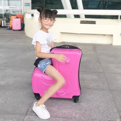 New Kids Riding Trojan Luggage - Hot Boys Girls Travel Trolley Alloy, Children Sitting Rolling Suitcase with Spinner Wheels