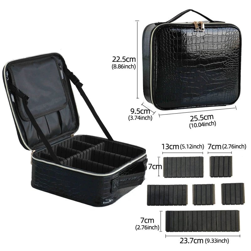 New Multi-Functional PU Leather Cosmetic Bag for Women - Portable Travel Storage Makeup Case Crocodile Black