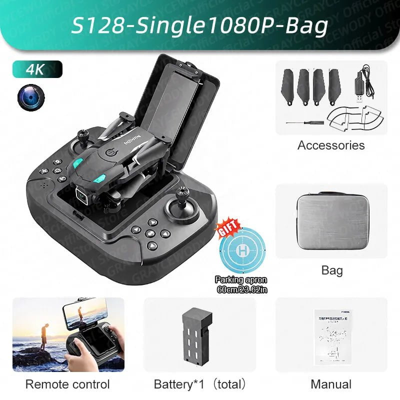 New S128 Mini Drone 4K Camera with Obstacle Avoidance - Foldable Quadcopter Black-1080P-Bag-1B