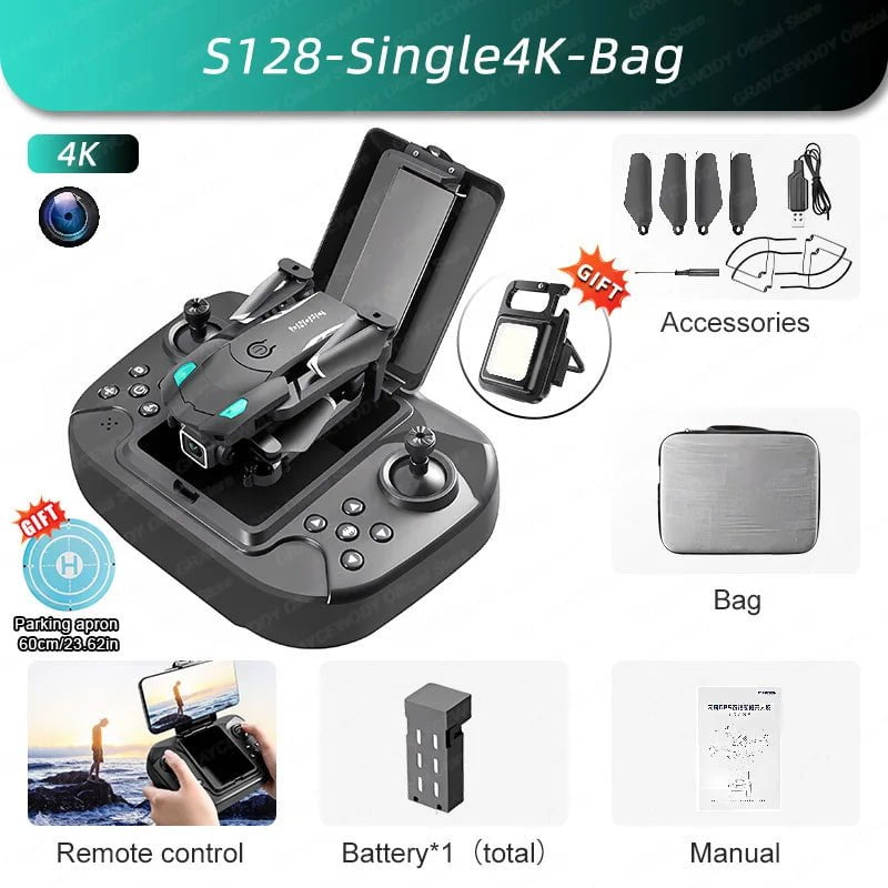 New S128 Mini Drone 4K Camera with Obstacle Avoidance - Foldable Quadcopter Black-4K-Bag-1B