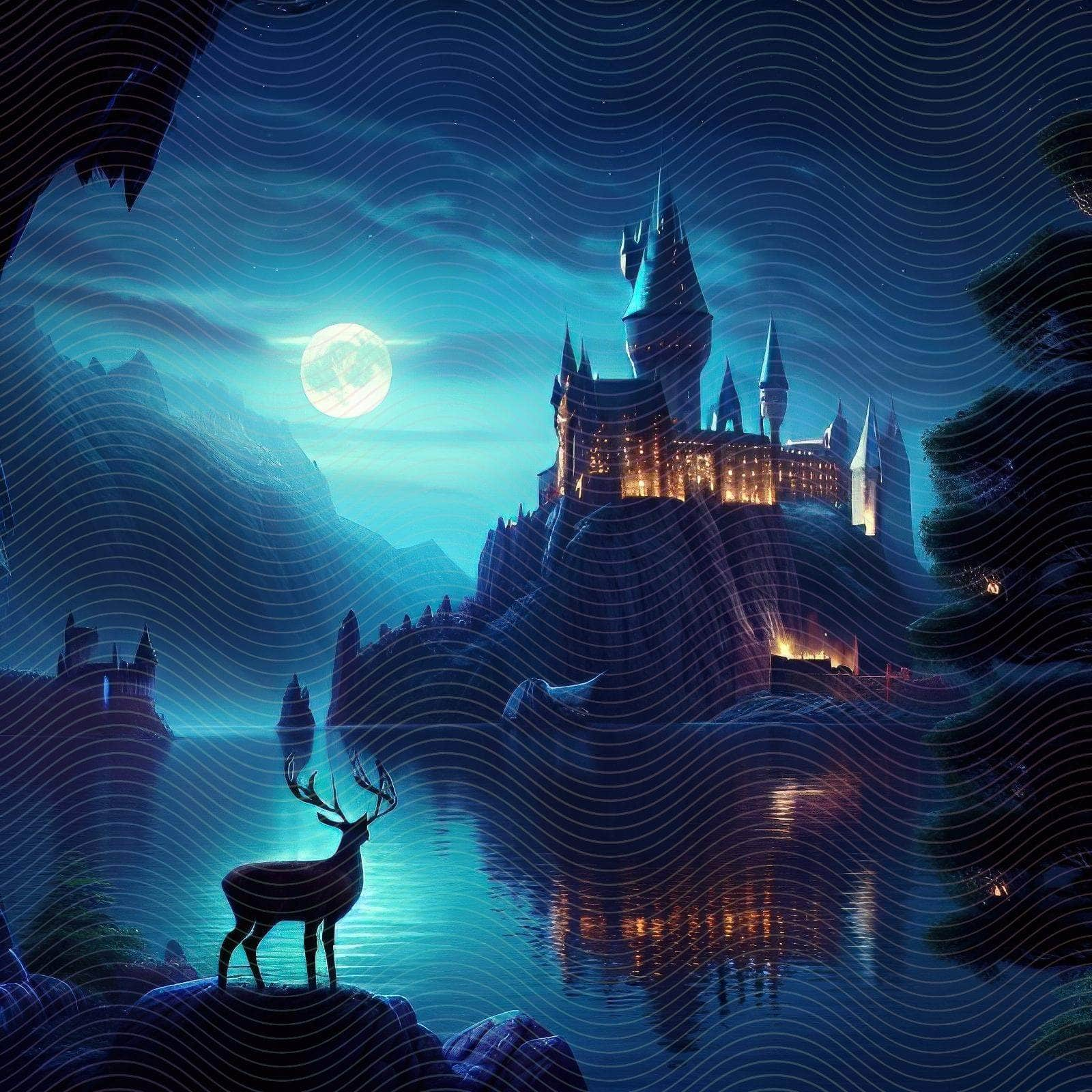 Night Time Scene of a Castle and a Deer