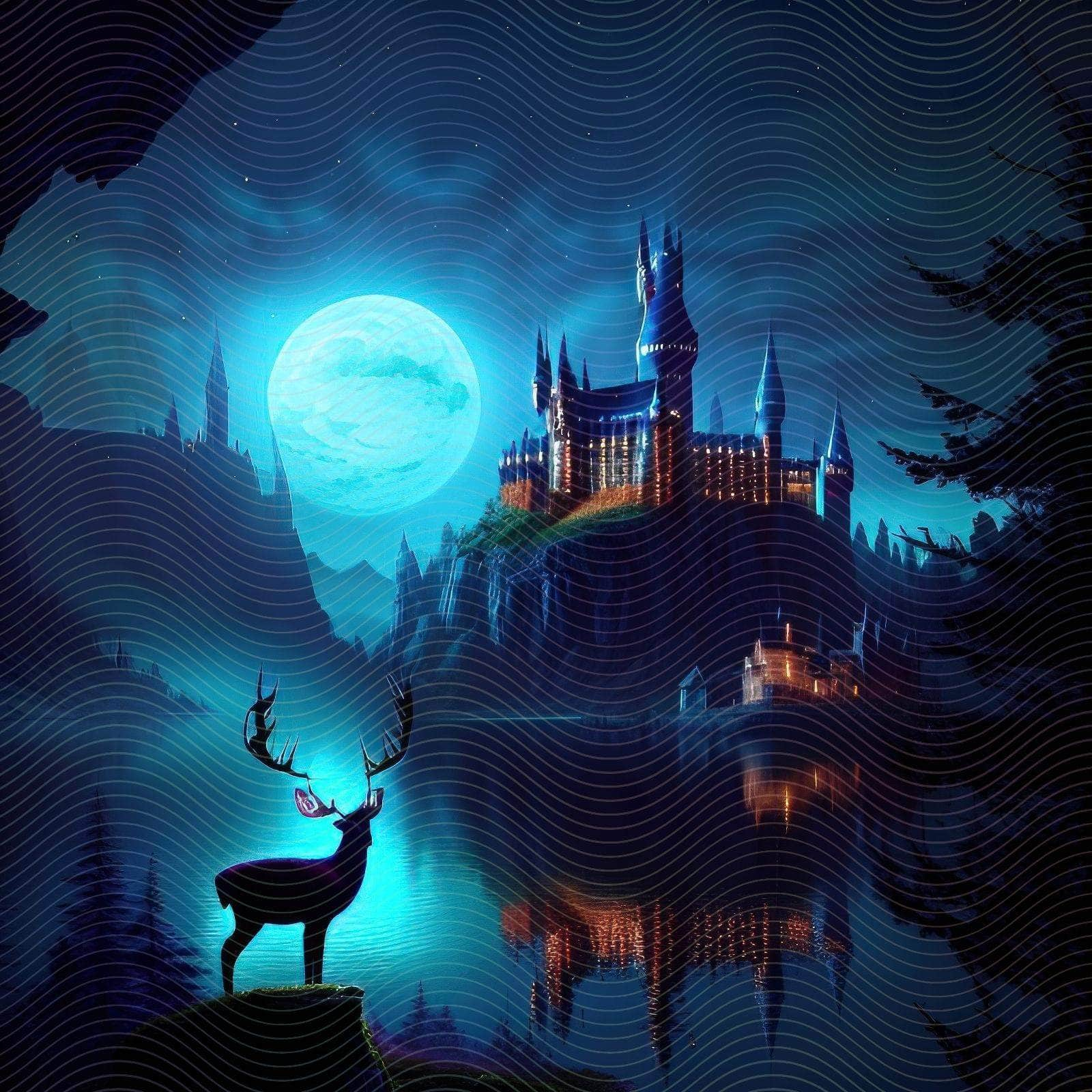 Night Time Scene of a Castle and a Deer