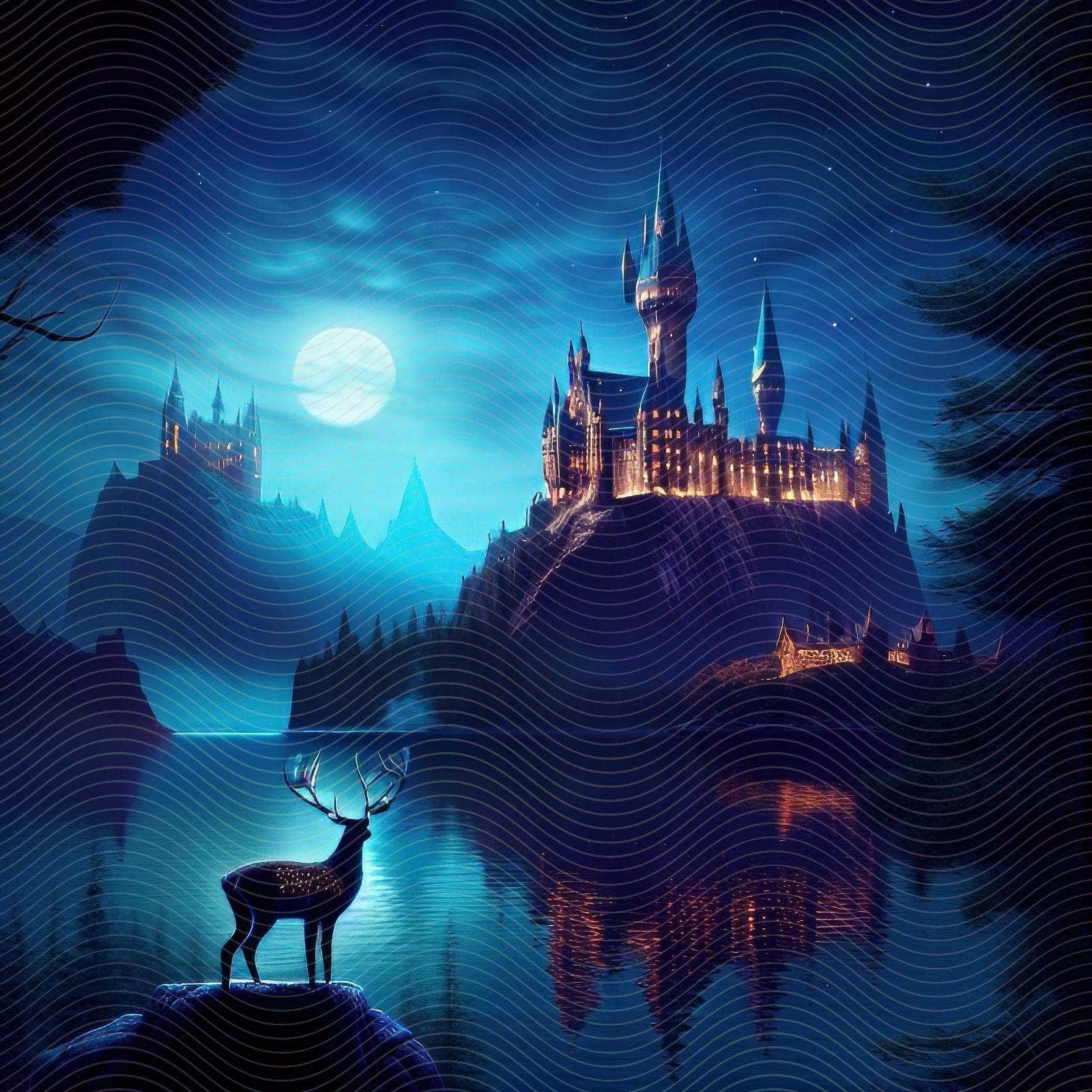 Night Time Scene of a Castle and a Deer