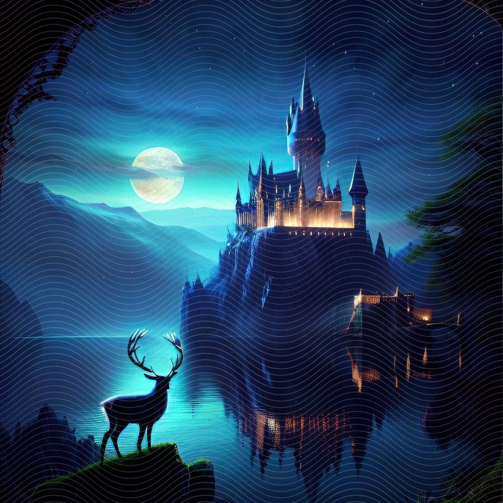 Night Time Scene of a Castle and a Deer