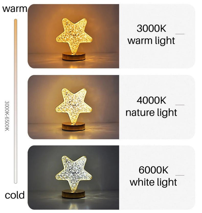 Nordic Luxury Crystal Star Bedroom Lamp: Romantic Bedside Table Lamp with Rechargeable Touch Switch Night Lights