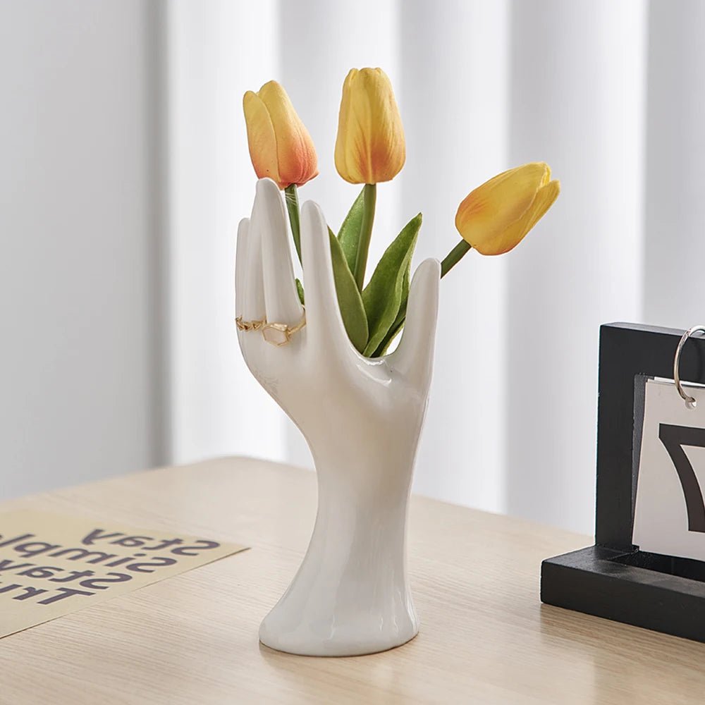 Nordic Style Ceramic Hand Vase: Home, Office, Living Room Decor, Hydroponic Flower Arrangement