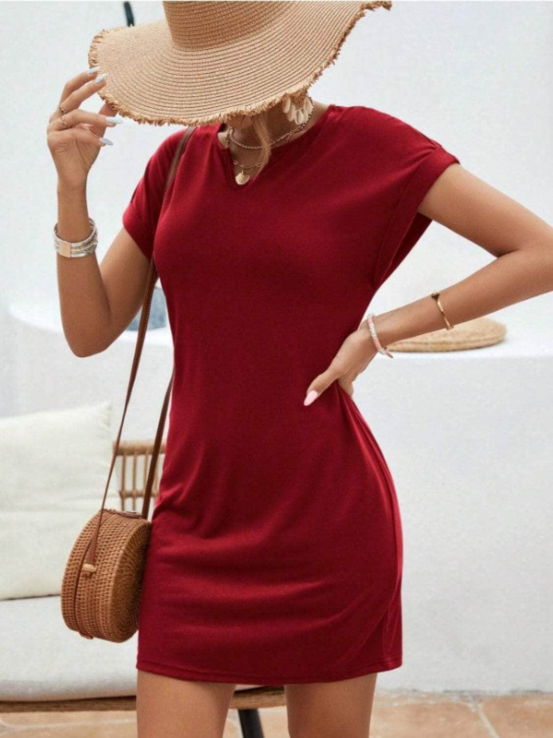 Notched Short Sleeve Mini Tee Dress Burgundy / S