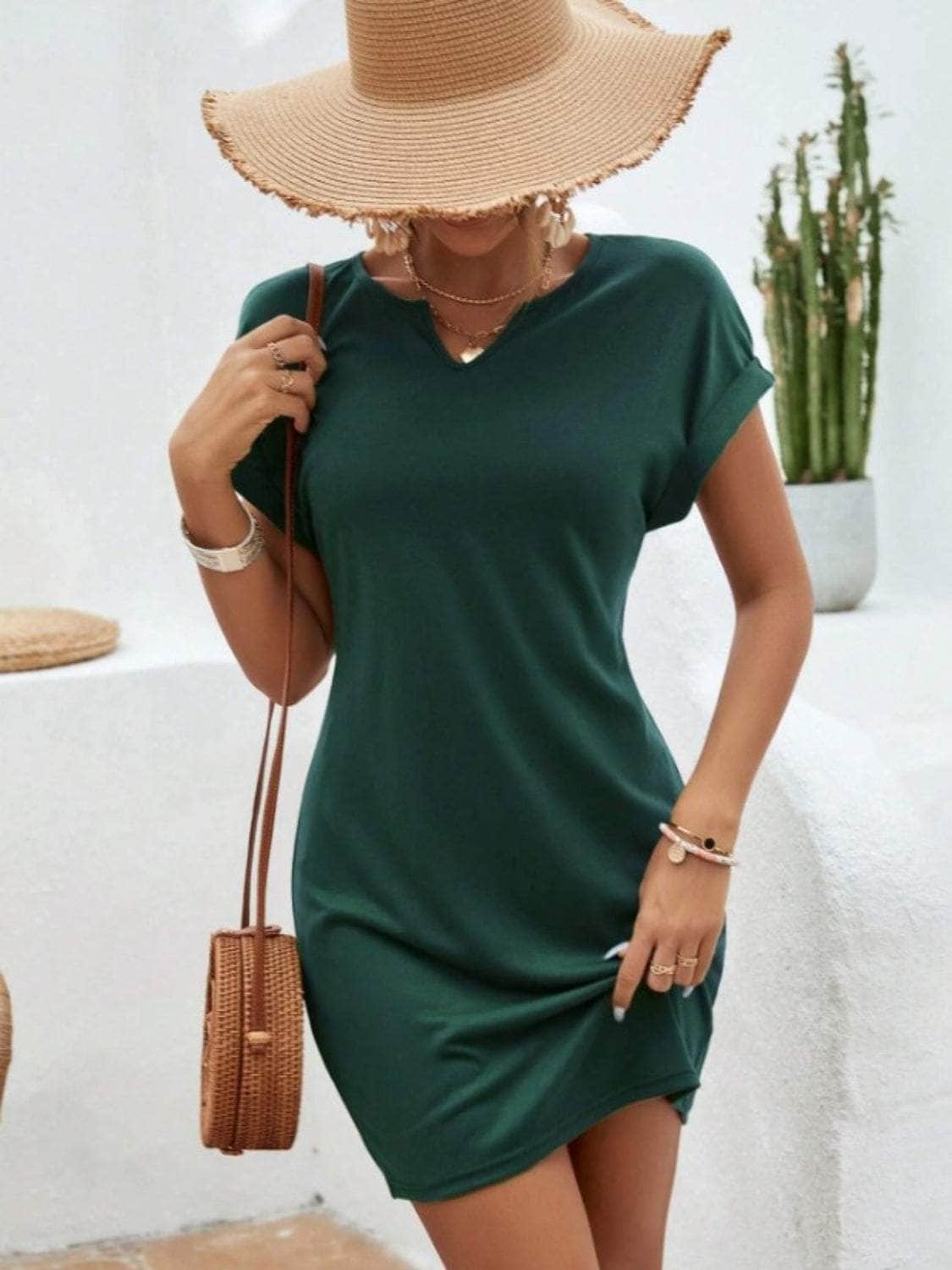 Notched Short Sleeve Mini Tee Dress Dark Green / S