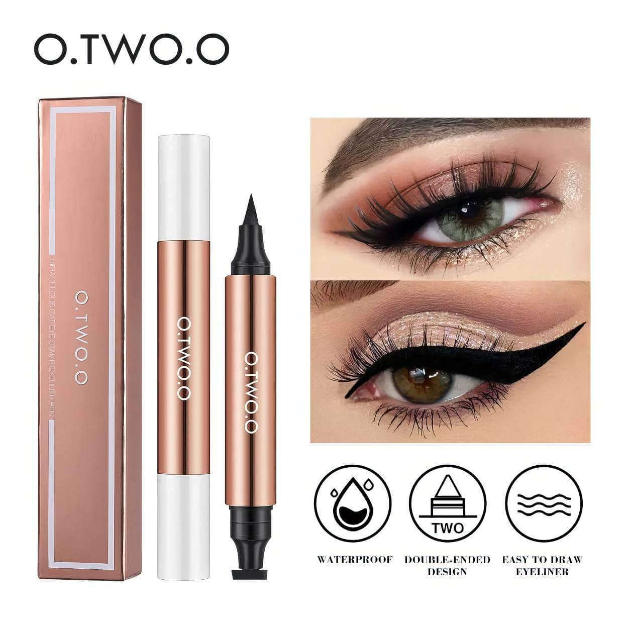 O.TWO.O Eyeliner Stamp: Black Liquid, Waterproof, Fast Dry, Double-ended Eye Liner Pen - Makeup for Women, Cosmetics