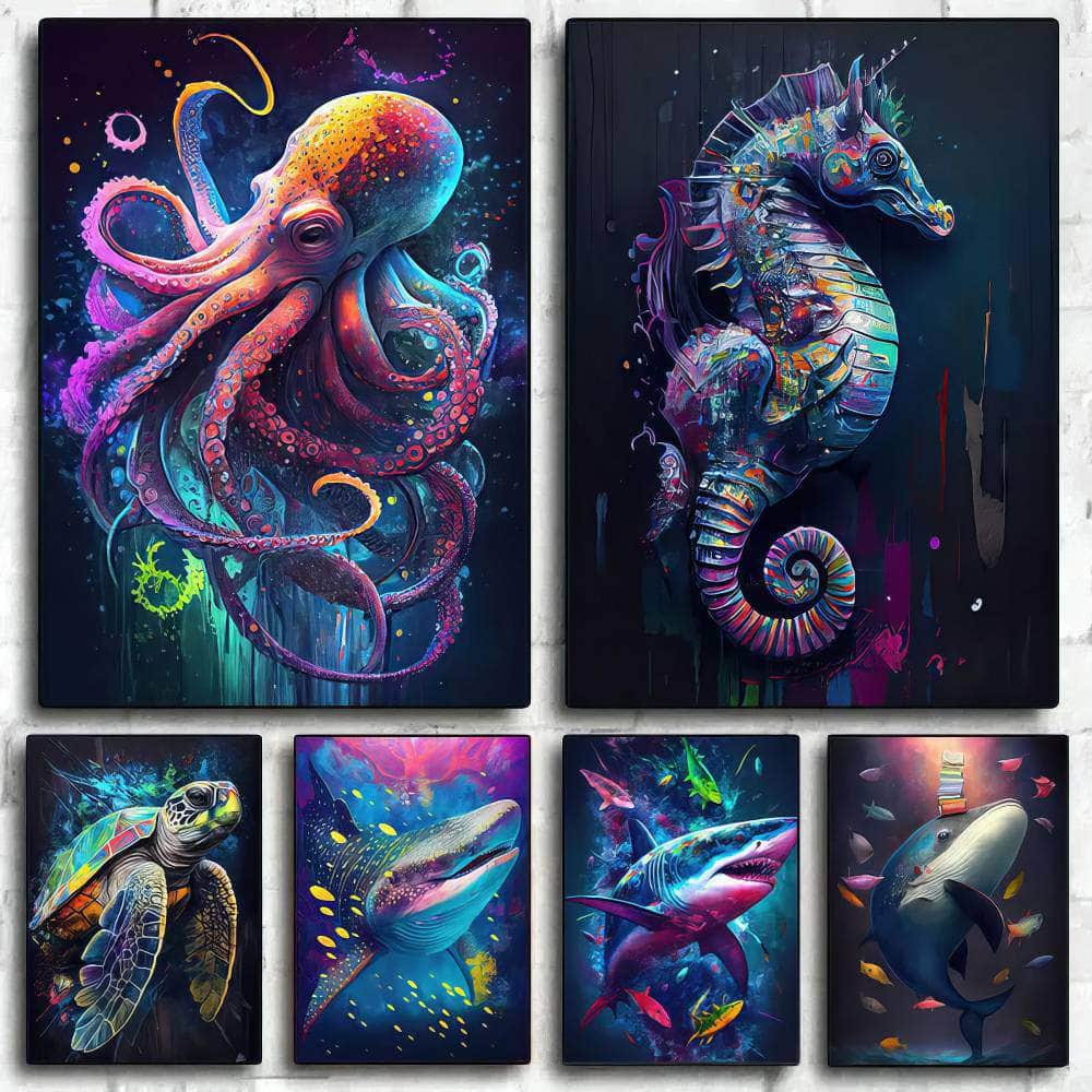 Ocean Wildlife Canvas Painting: Colorful Shark, Seahorse, Octopus, Turtle Posters - Abstract Animal Wall Art for Living Room Decor