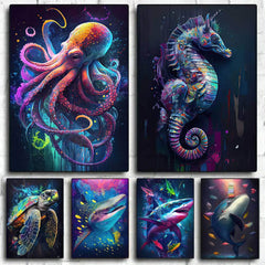 Ocean Wildlife Canvas Painting: Colorful Shark, Seahorse, Octopus, Turtle Posters - Abstract Animal Wall Art for Living Room Decor