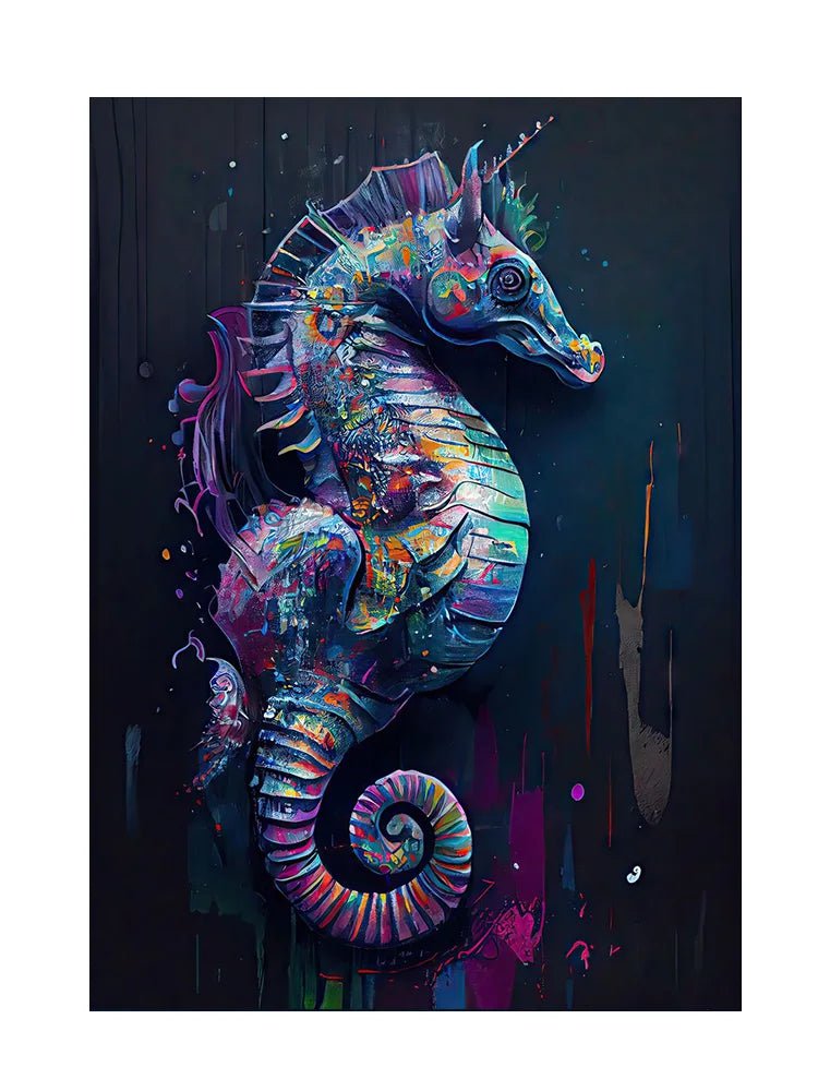 Ocean Wildlife Canvas Painting: Colorful Shark, Seahorse, Octopus, Turtle Posters - Abstract Animal Wall Art for Living Room Decor I / 40x50cm No Framed