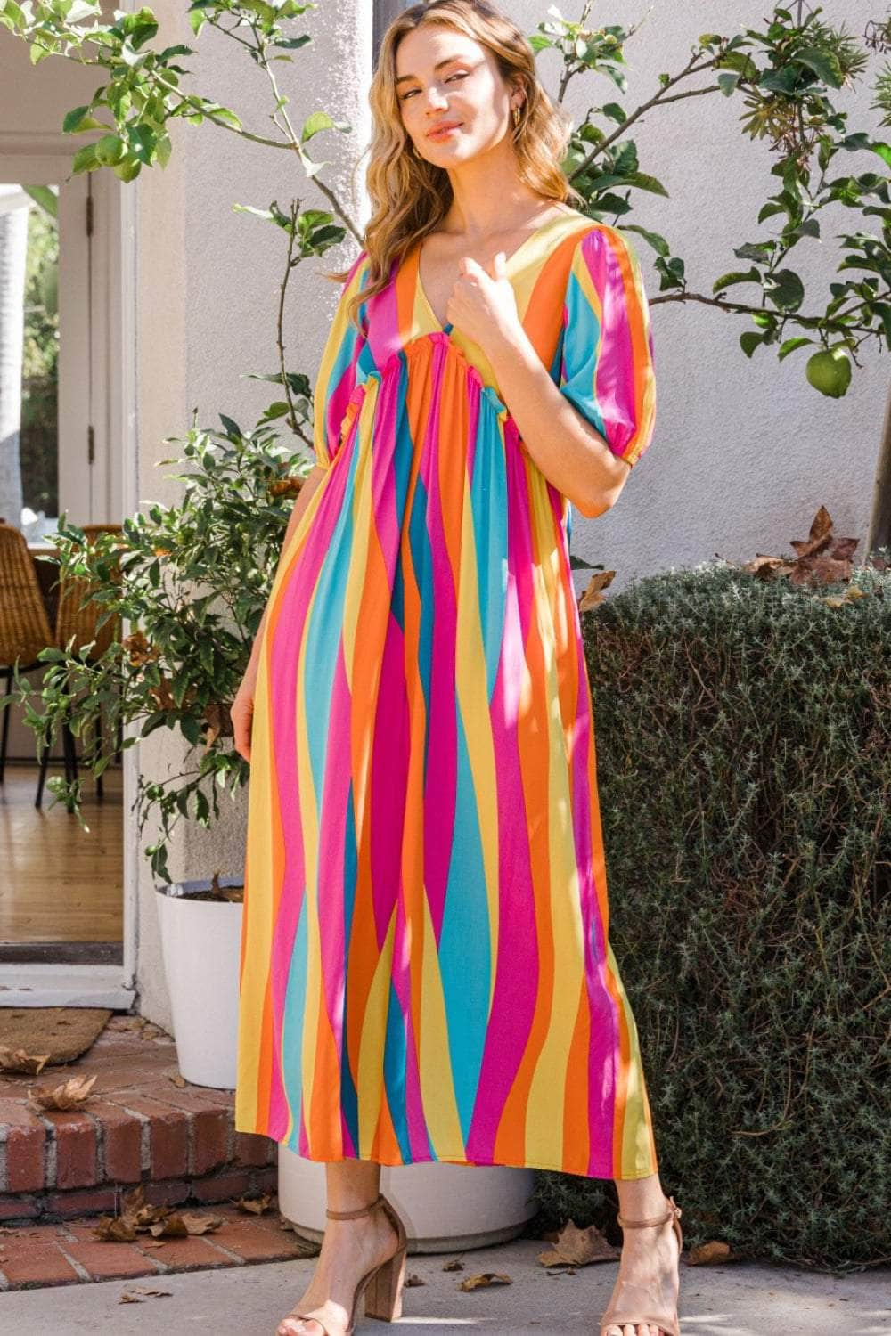 ODDI Full Size Striped Puff Sleeve Wide Leg Jumpsuit Fuchsia-Yellow / S