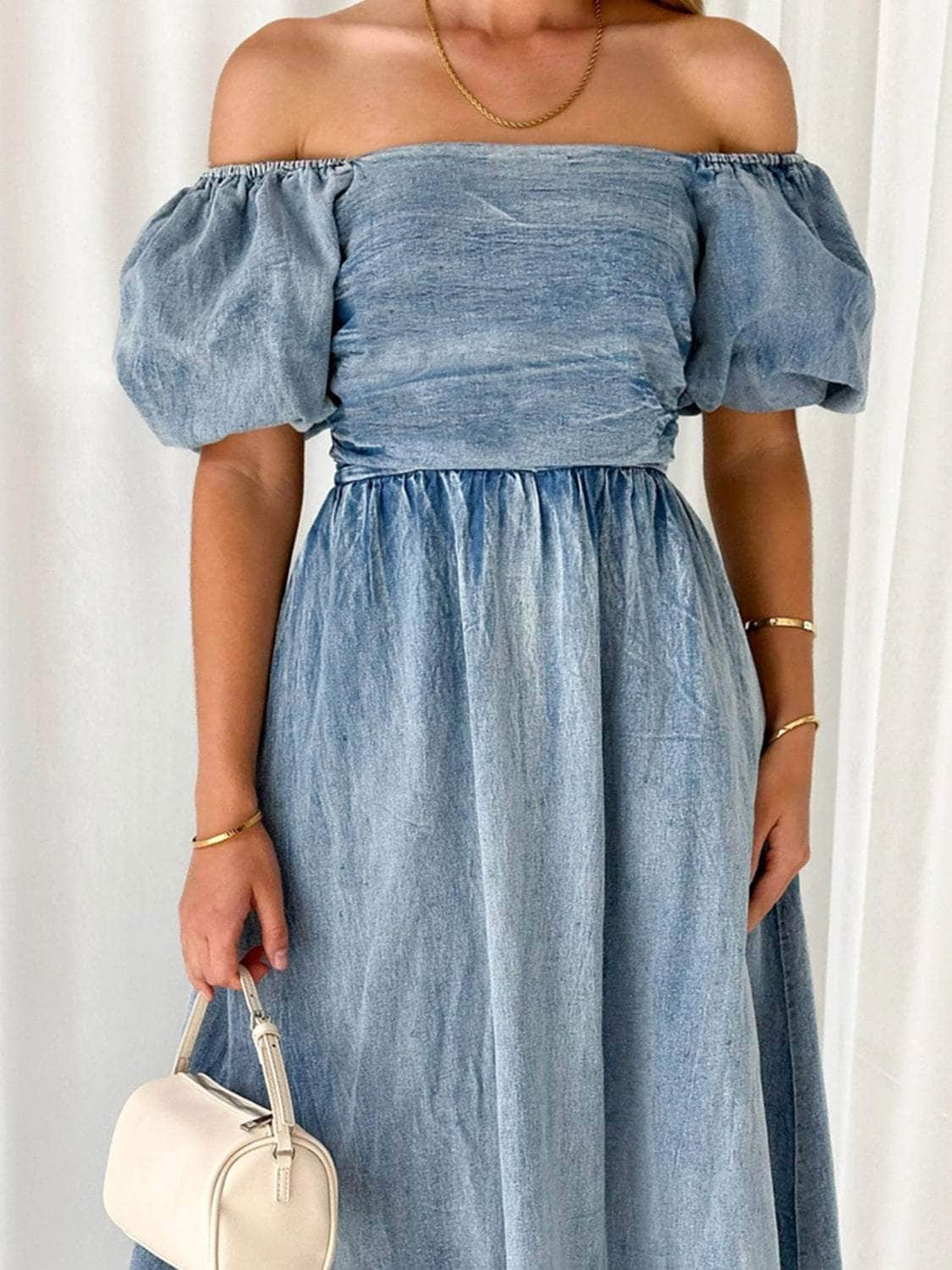 Off-Shoulder Balloon Sleeve Denim Dress