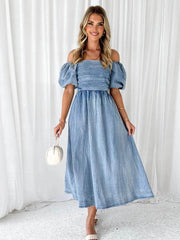 Off-Shoulder Balloon Sleeve Denim Dress Misty  Blue / S