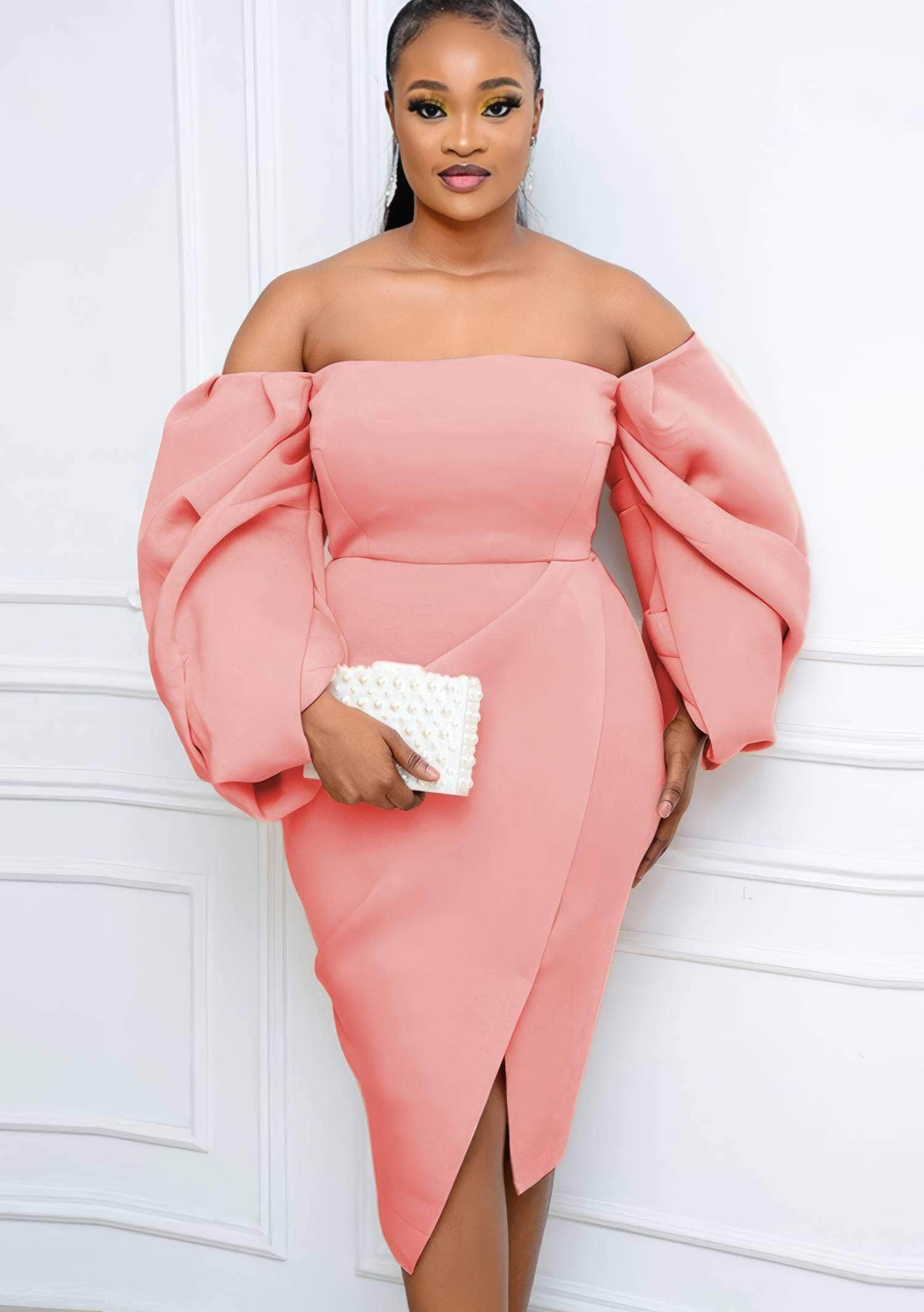 Off Shoulder Bardot Sleeves Asymmetrical Hem Dress US 4-6 / Pink