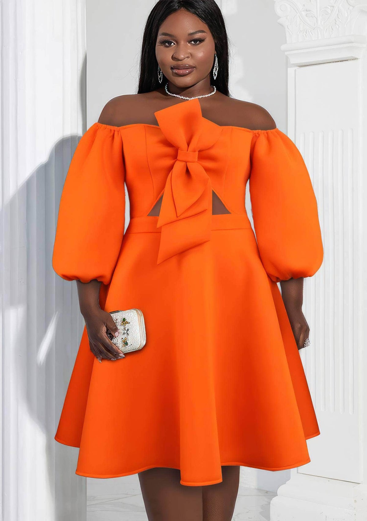 Off-Shoulder Bow-Detailed Front Cut-Out Dress US 4-6 / OrangeRed