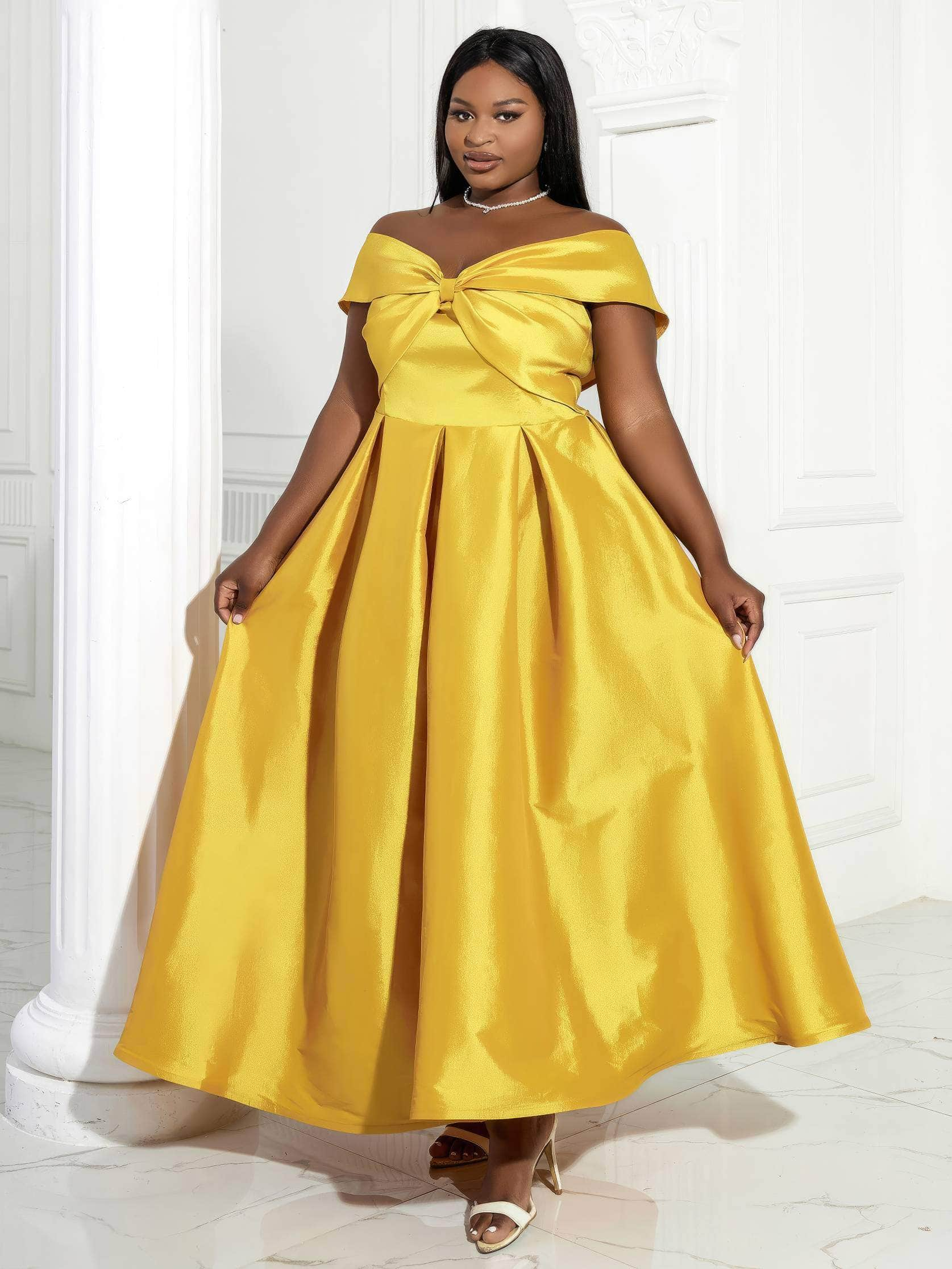 Off Shoulder Bow Fit Pleated Hem Dress