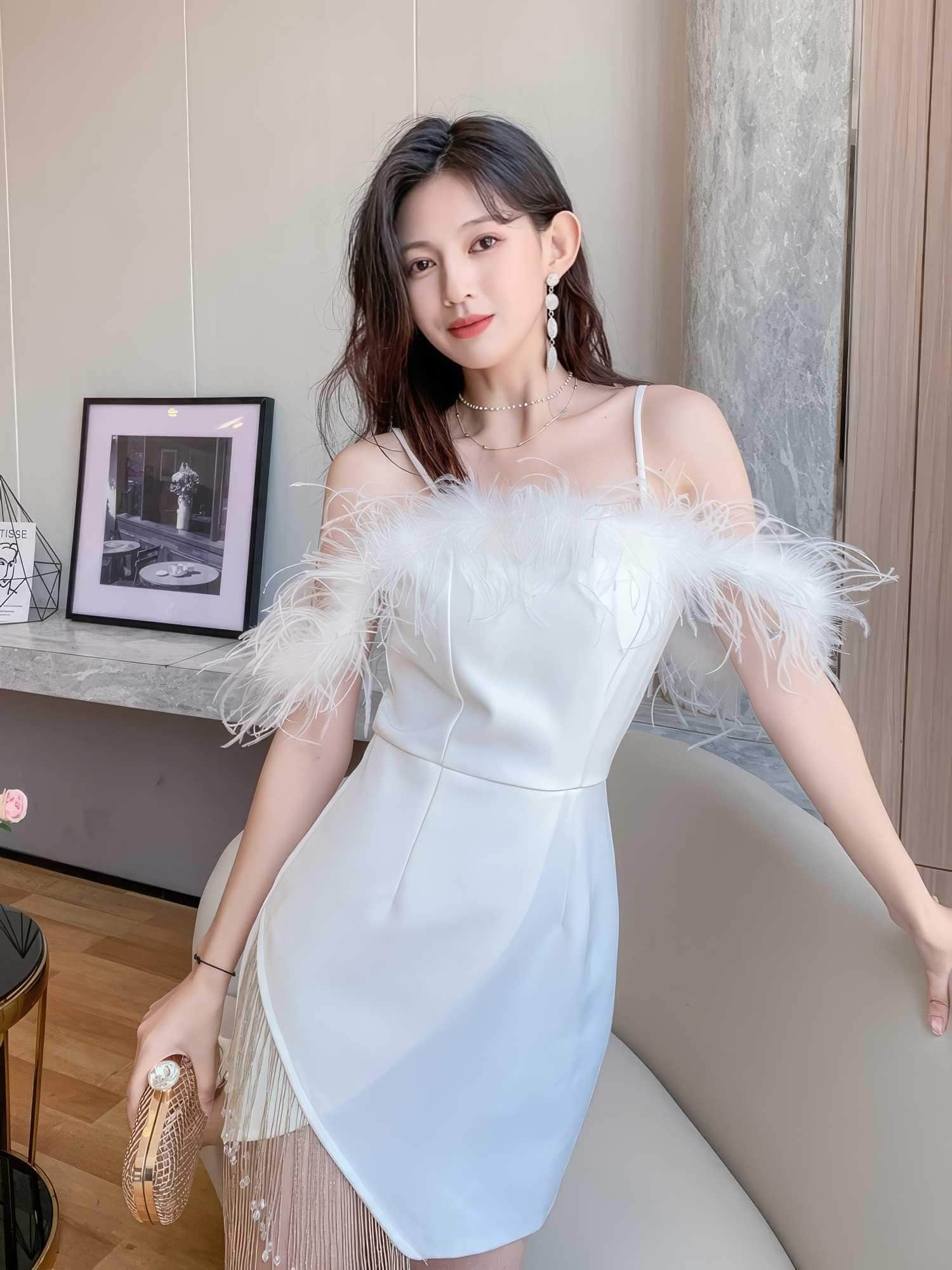 Off-Shoulder Feather Trim Mini Tassel Pearl Dress