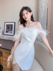 Off-Shoulder Feather Trim Mini Tassel Pearl Dress