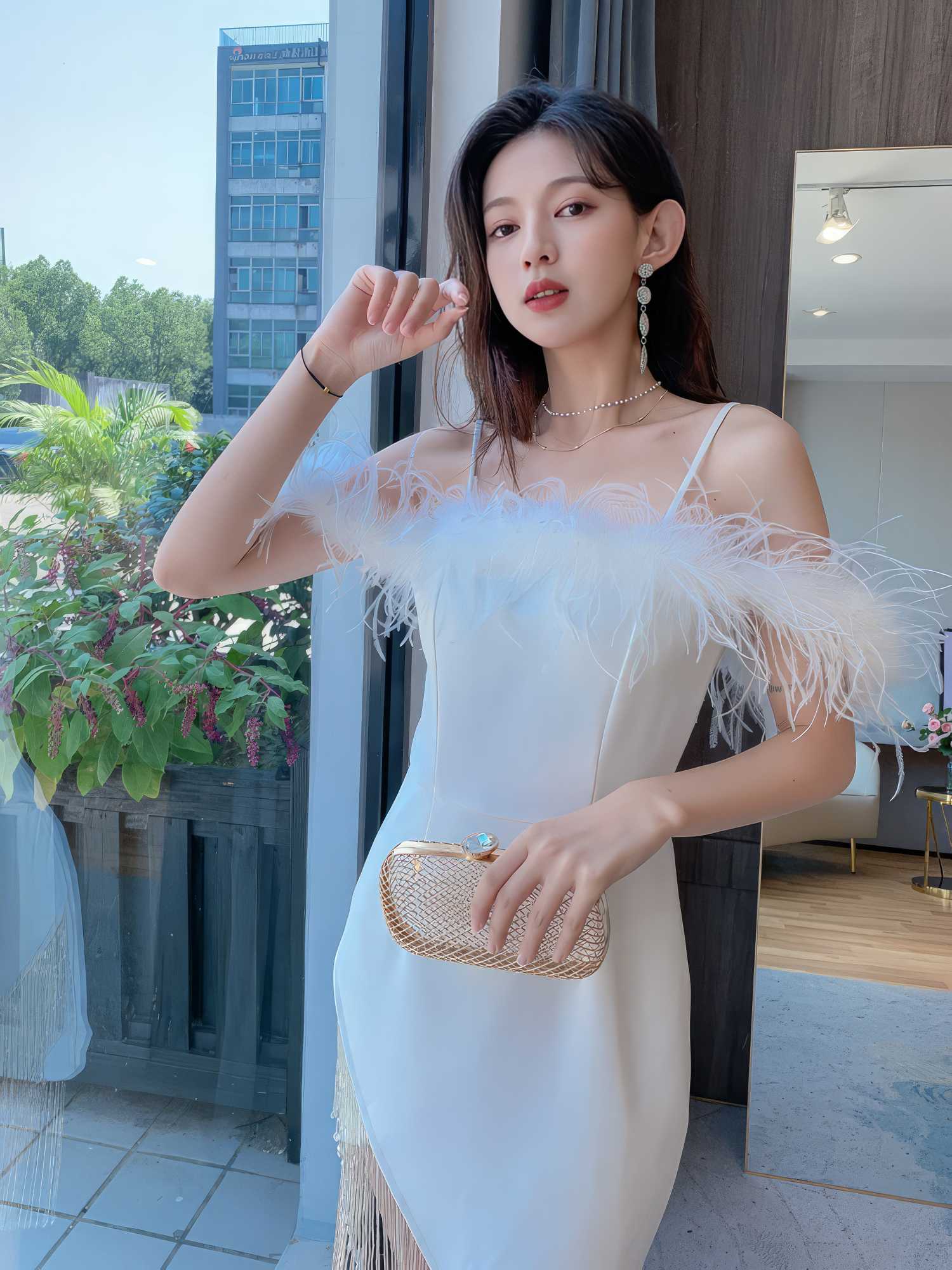 Off-Shoulder Feather Trim Mini Tassel Pearl Dress