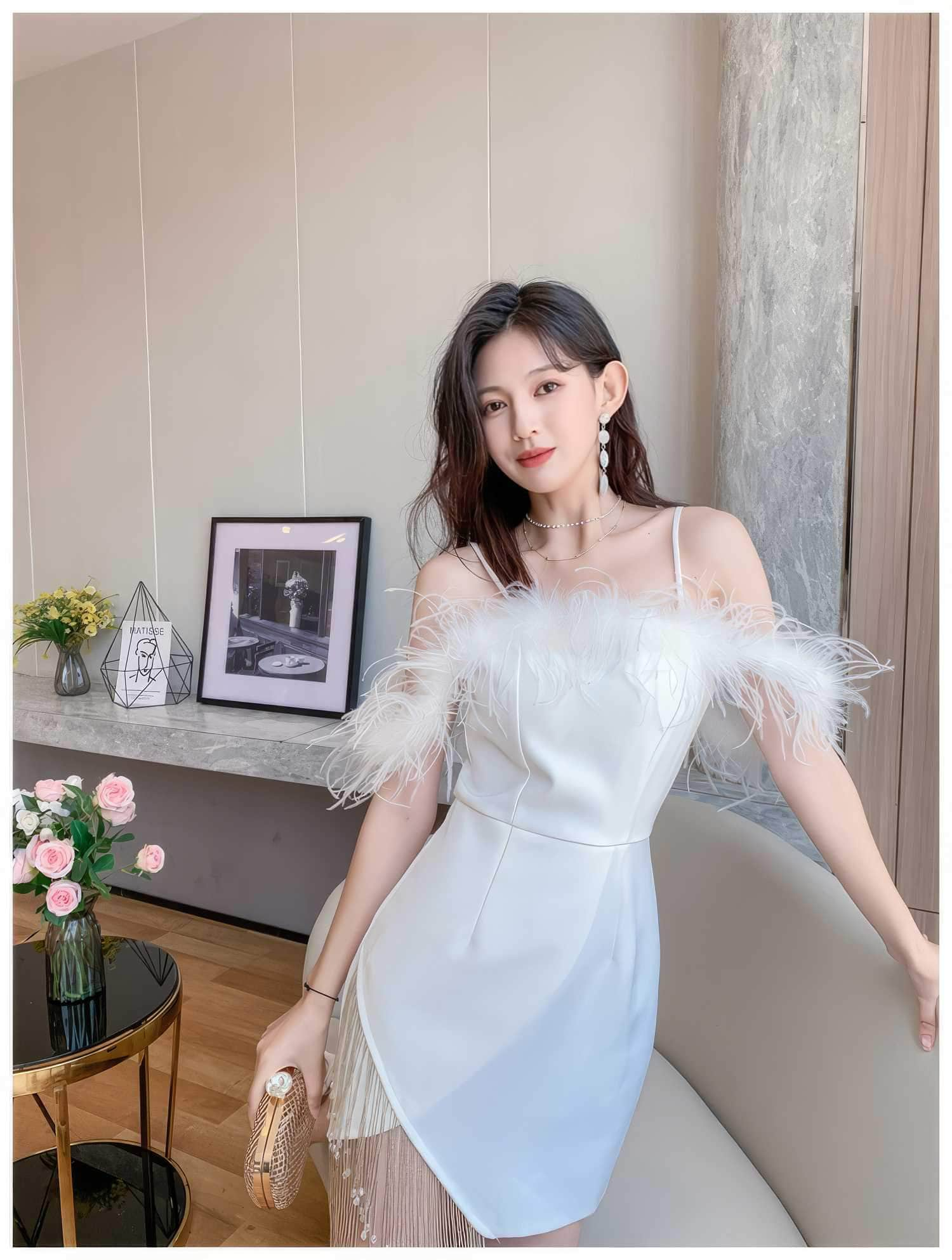 Off-Shoulder Feather Trim Mini Tassel Pearl Dress