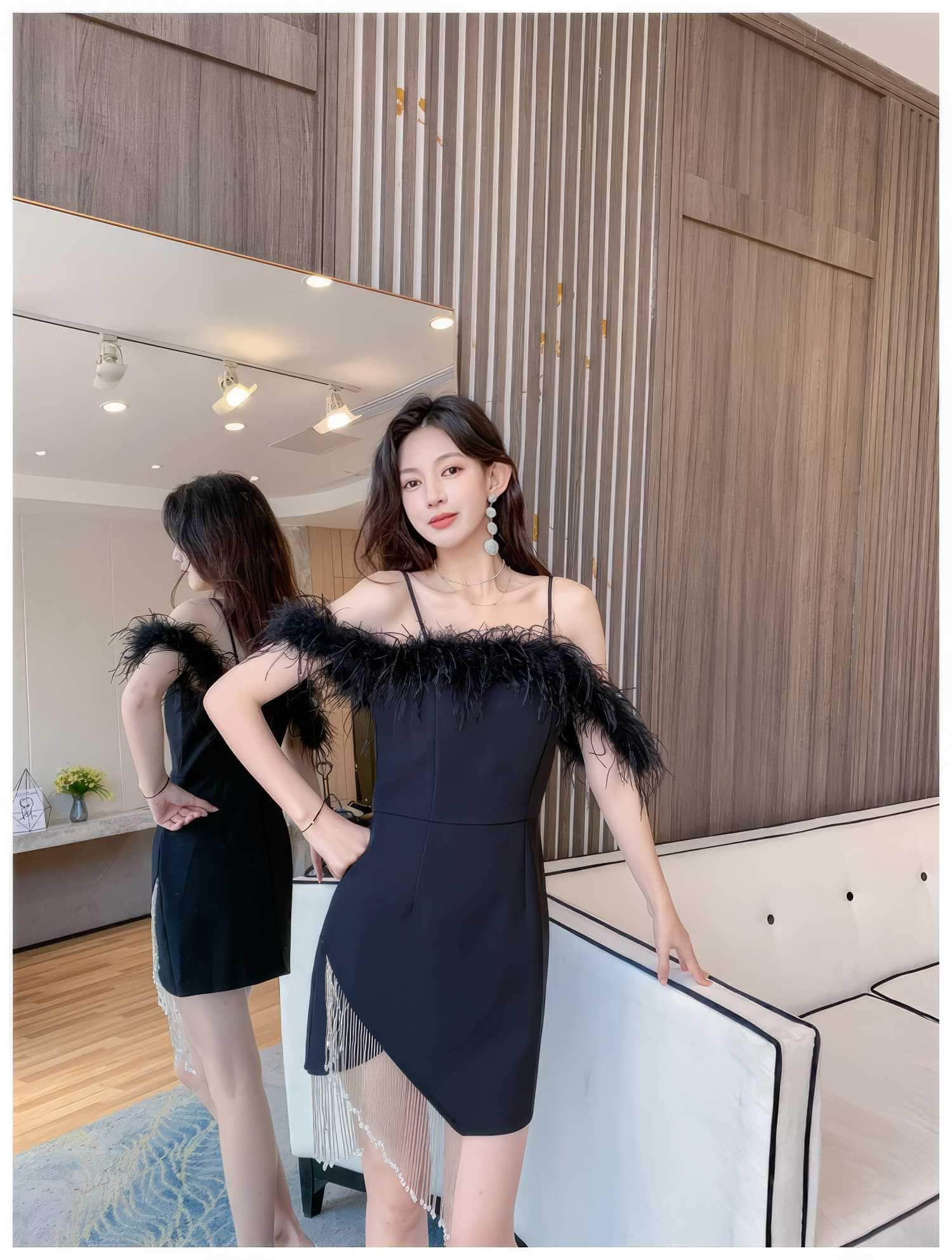 Off-Shoulder Feather Trim Mini Tassel Pearl Dress