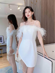 Off-Shoulder Feather Trim Mini Tassel Pearl Dress S / White