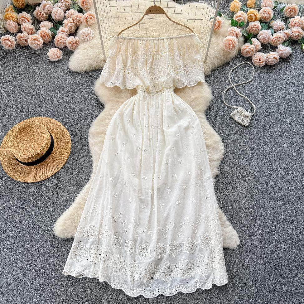 Off Shoulder Hollow Lace Scalloped Hem Floral Dress