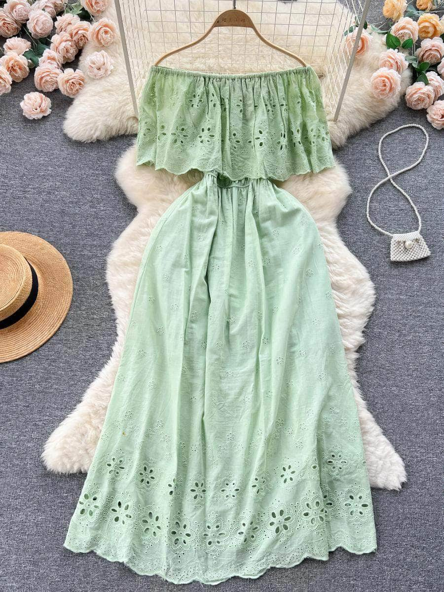 Off Shoulder Hollow Lace Scalloped Hem Floral Dress Max Size / LightGreen