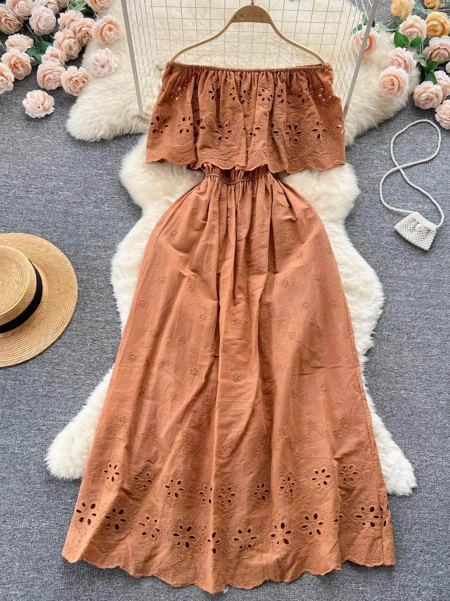 Off Shoulder Hollow Lace Scalloped Hem Floral Dress Max Size / SandyBrown