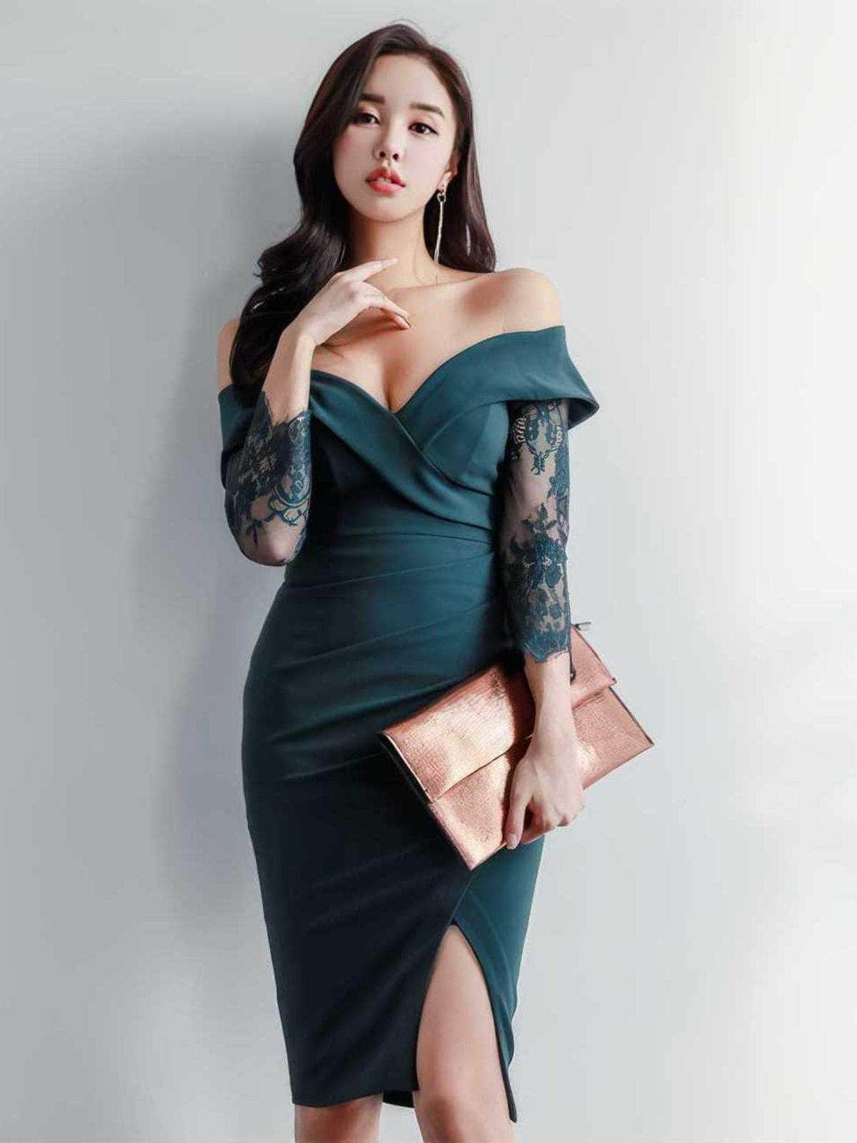 Off-shoulder Lace Detailed Front Slit Dress S / DarkGreen