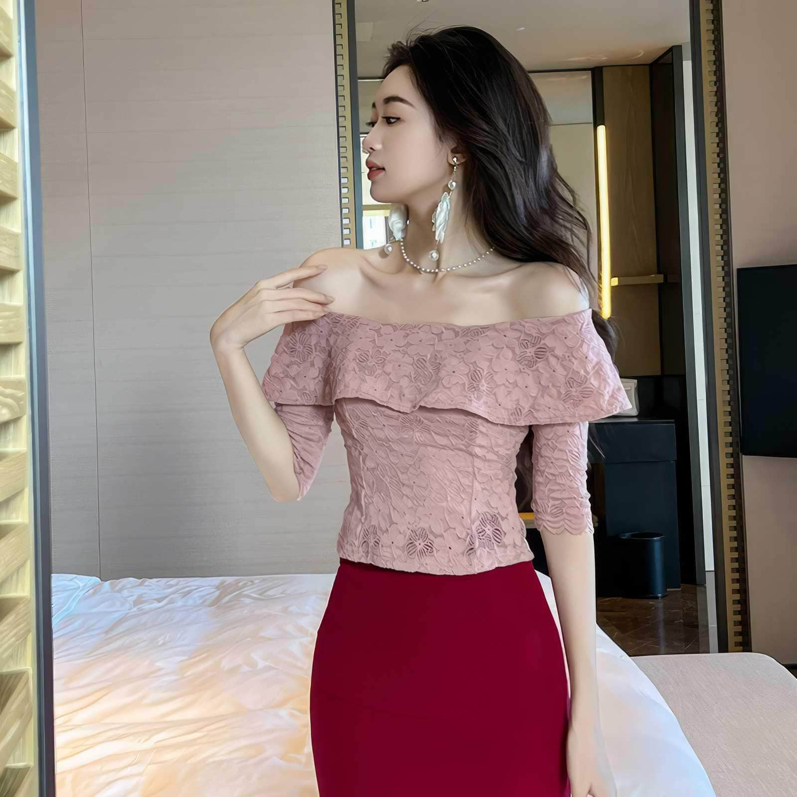 Off-Shoulder Lace Embroidered Top