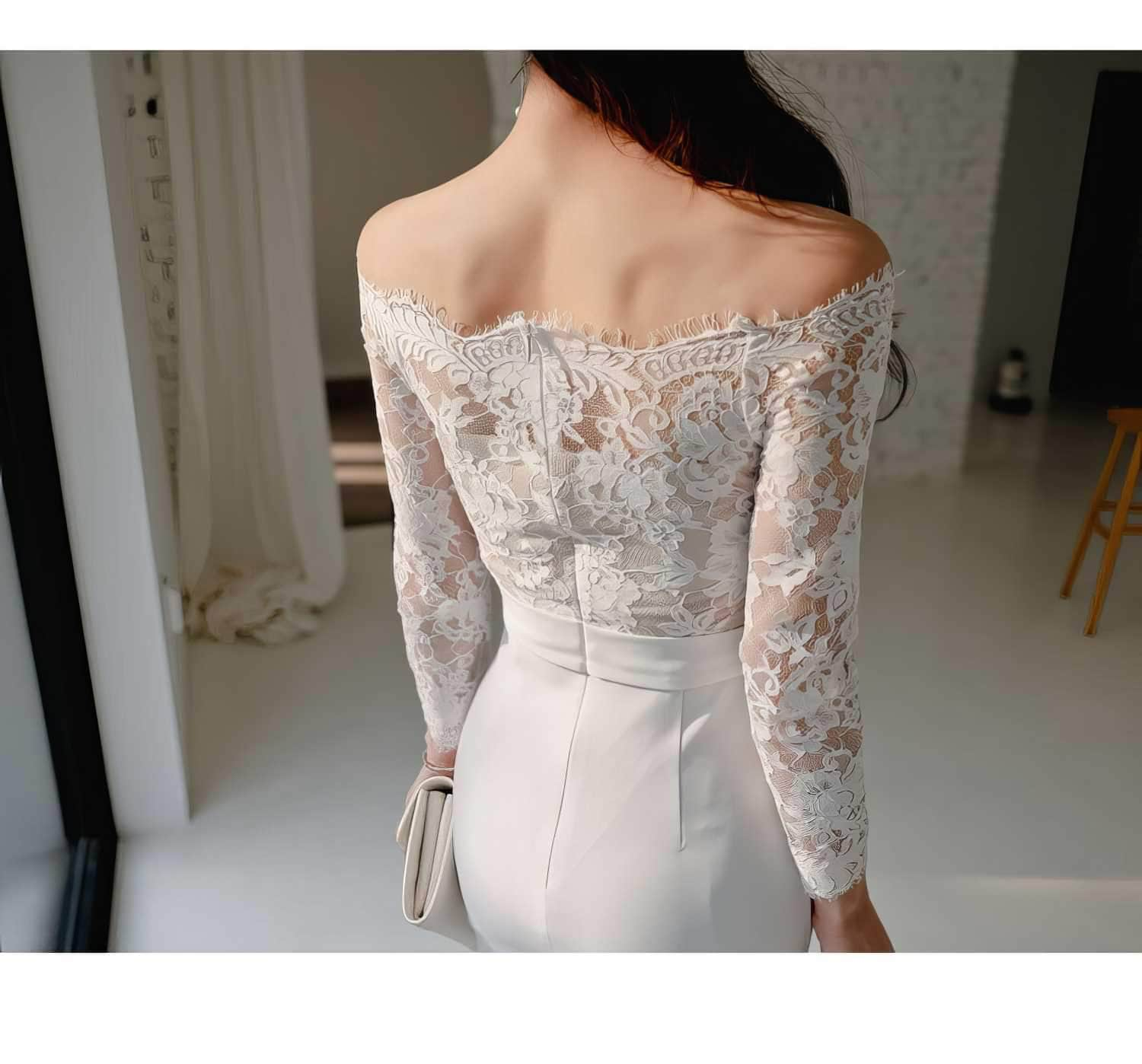 Off-shoulder Lace Long Sleeves Slim Fit Dress