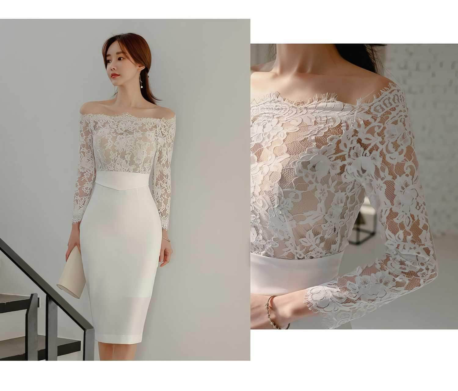 Off-shoulder Lace Long Sleeves Slim Fit Dress