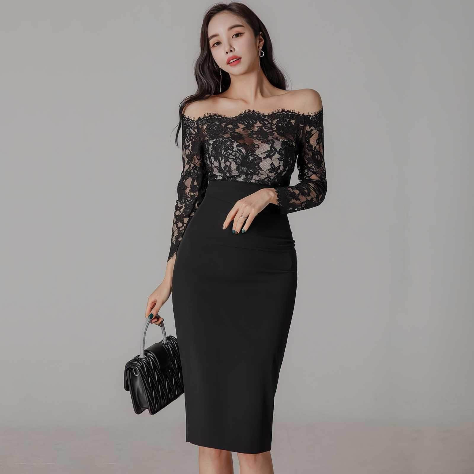 Off-shoulder Lace Long Sleeves Slim Fit Dress