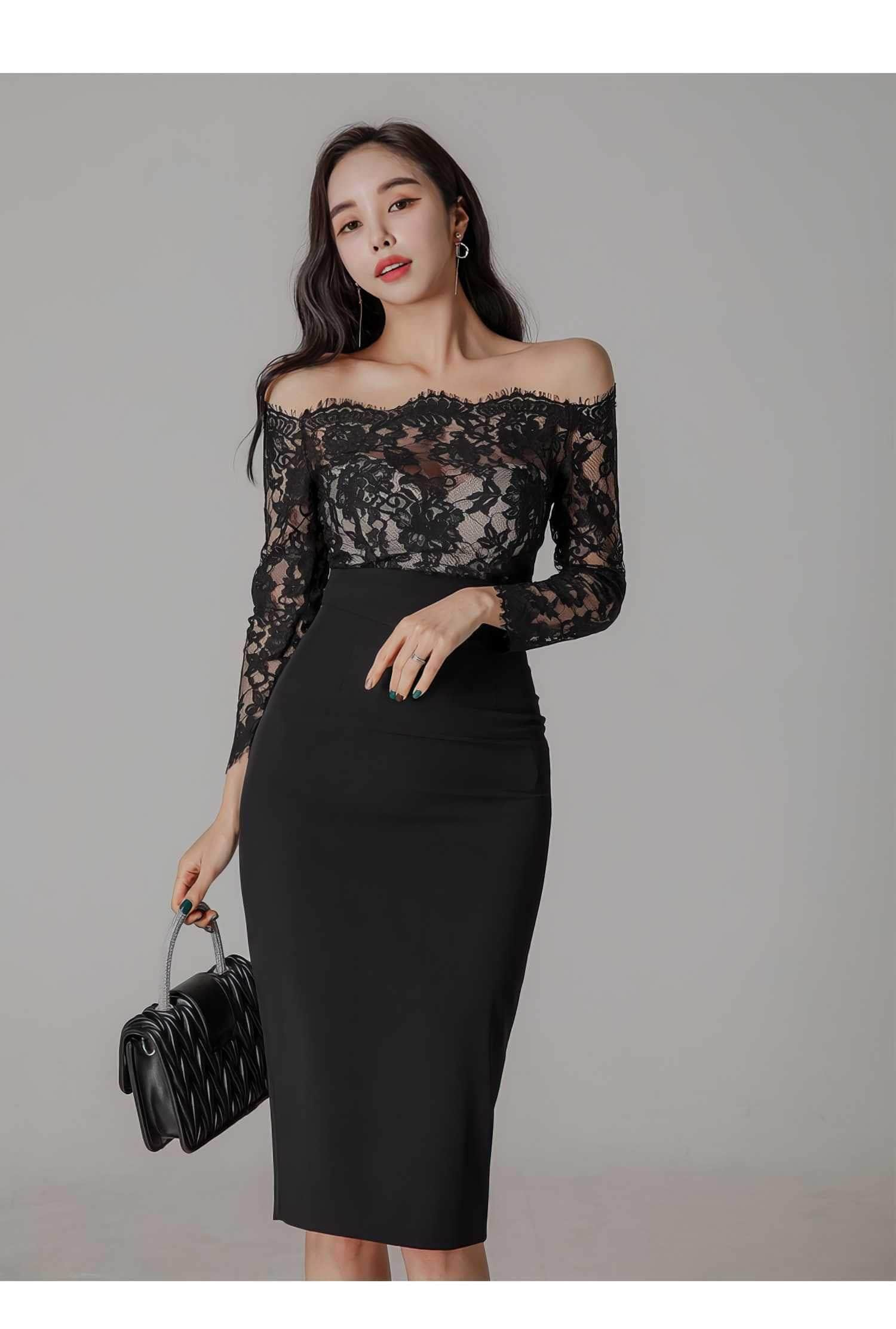 Off-shoulder Lace Long Sleeves Slim Fit Dress