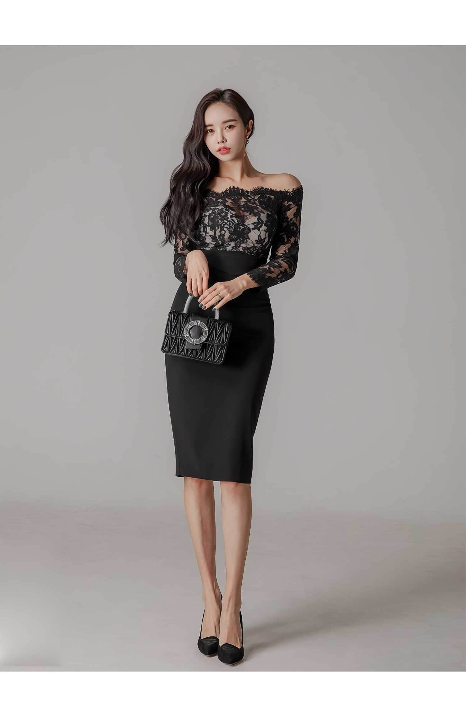 Off-shoulder Lace Long Sleeves Slim Fit Dress