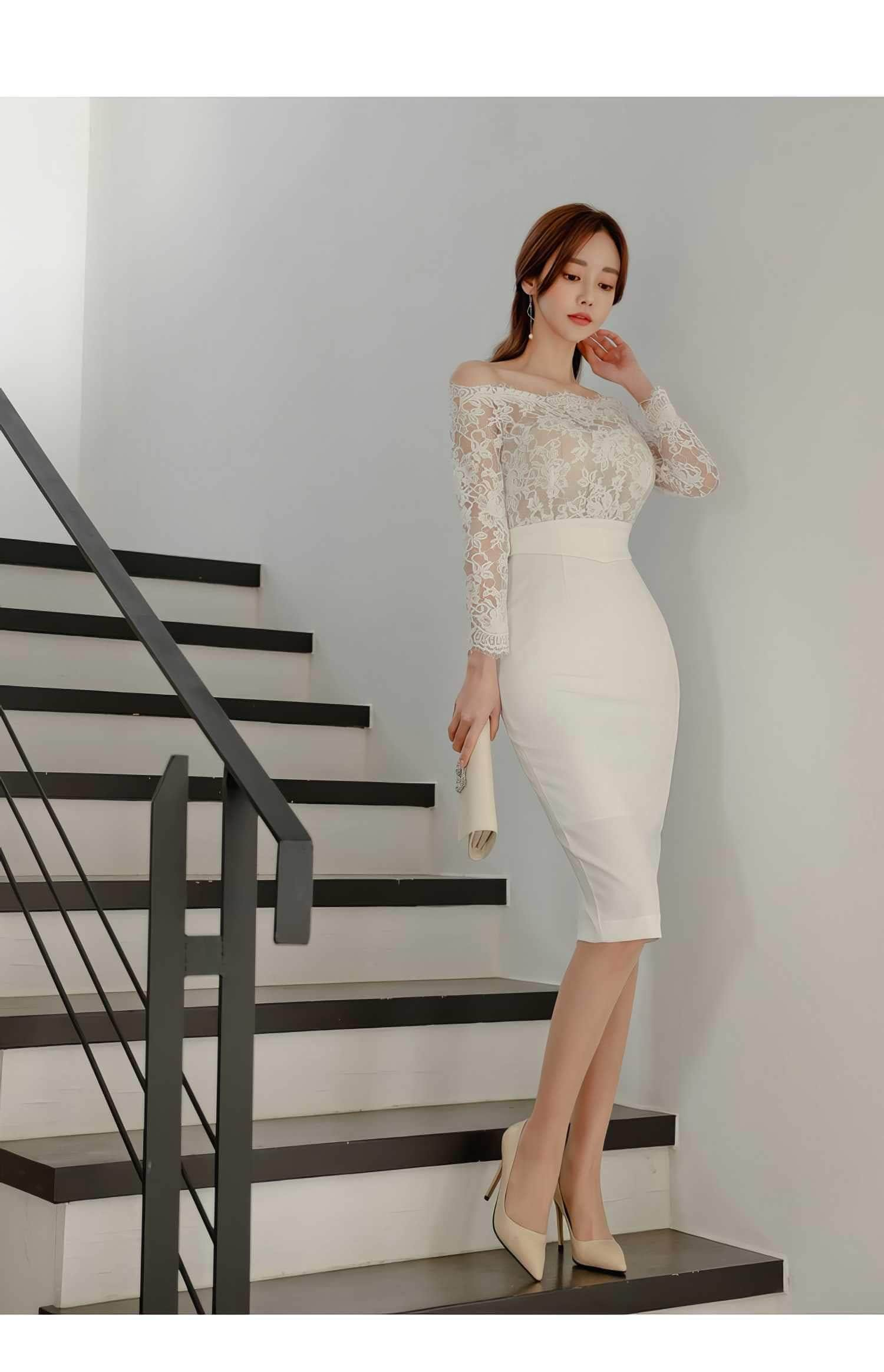 Off-shoulder Lace Long Sleeves Slim Fit Dress