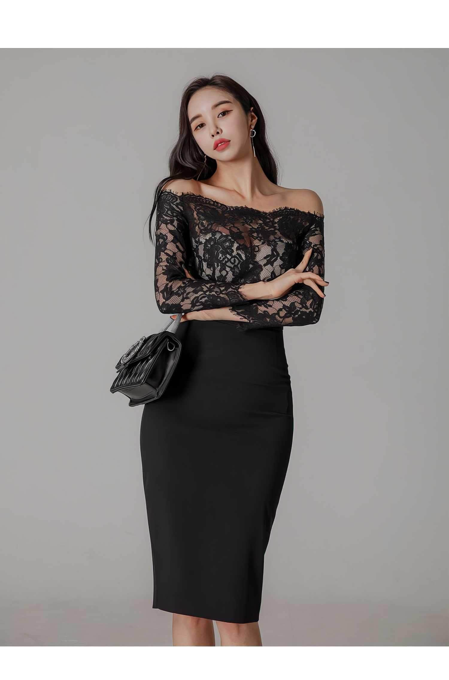 Off-shoulder Lace Long Sleeves Slim Fit Dress