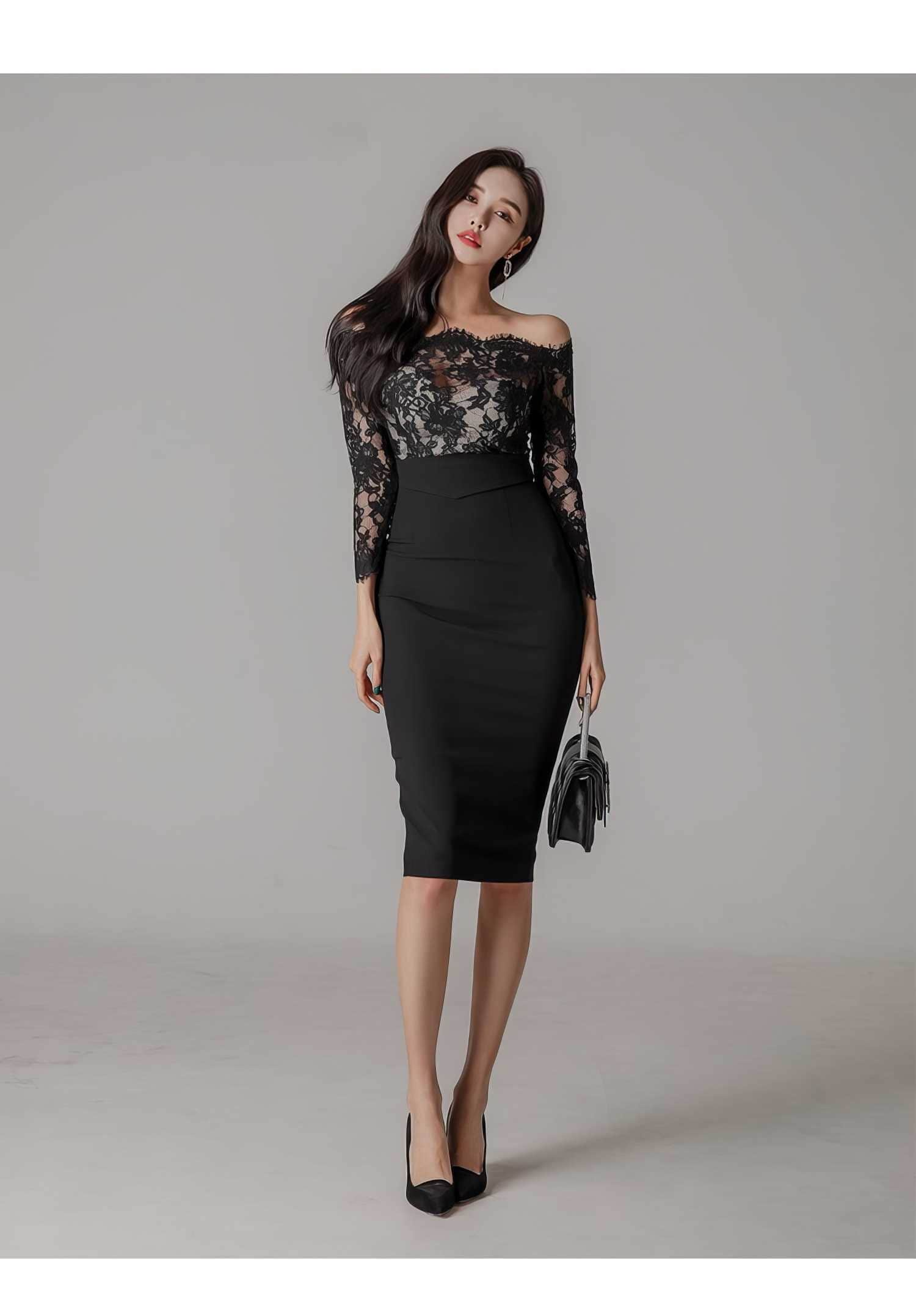 Off-shoulder Lace Long Sleeves Slim Fit Dress