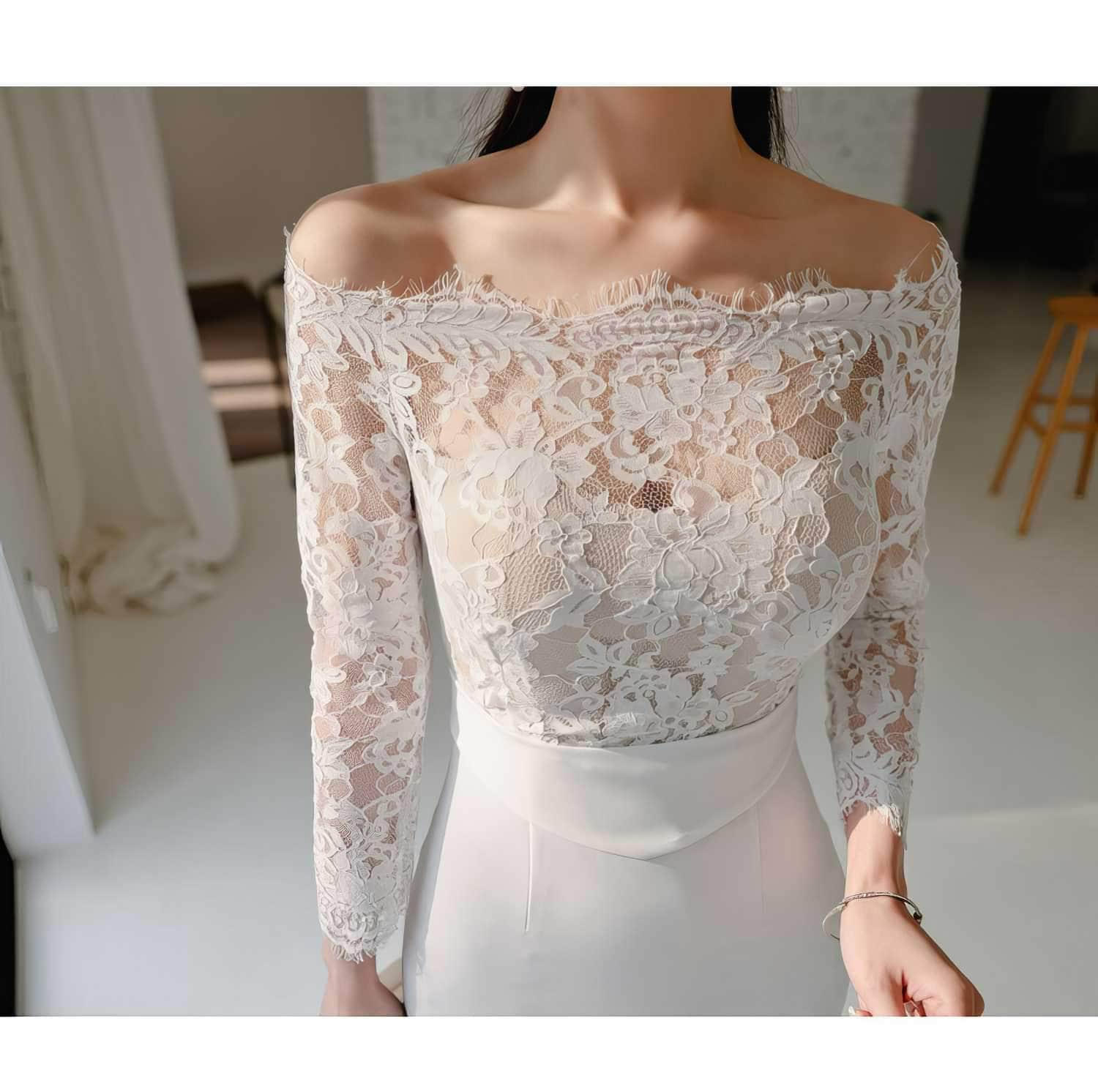 Off-shoulder Lace Long Sleeves Slim Fit Dress